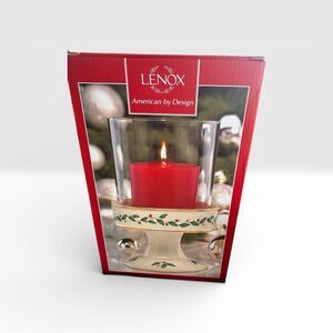 LENOX HOLIDAY HOLLY & BERRiES 8.25" PILLAR CANDLE HOLDER w/ GLASS SHADE NEW